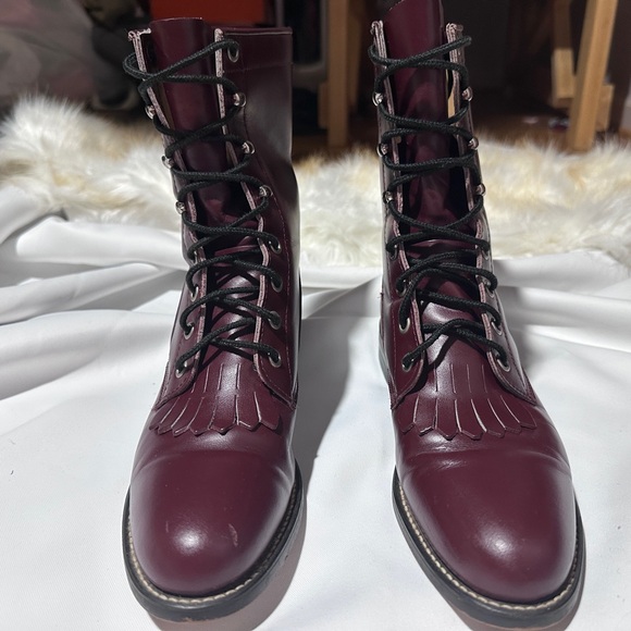 Vintage Justin J Diamond Boots Burgundy Oxblood Leather Kiltie Men 8B USA - Picture 4 of 6
